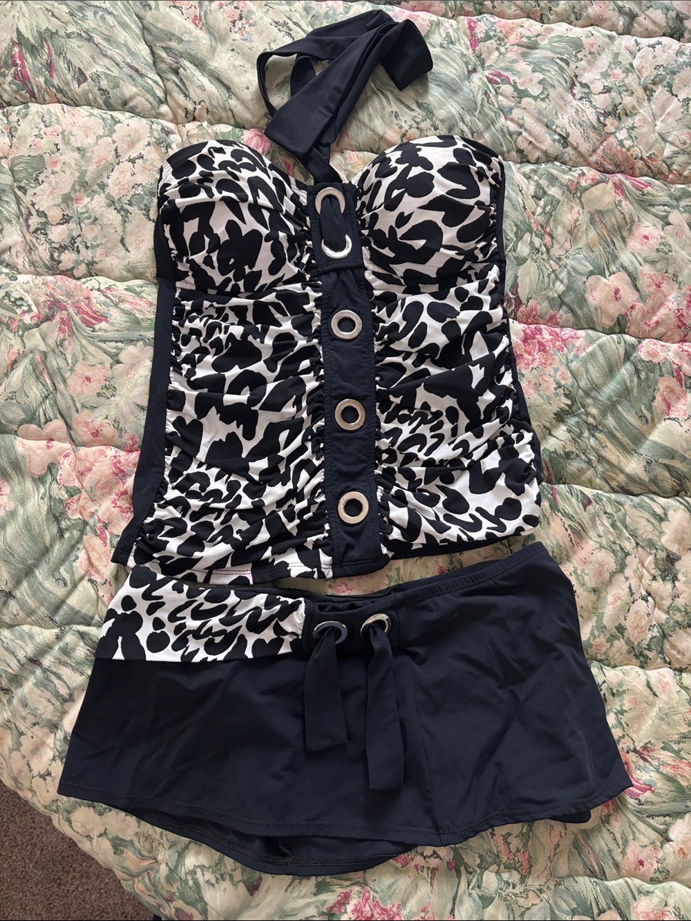 Bleu Rod Beattie Black & White Animal Print Tankini with Swim Skirt